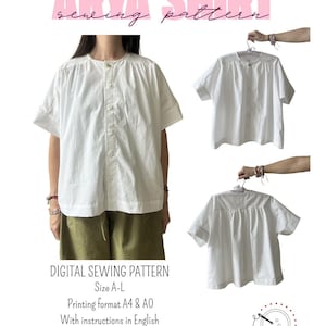 Può includere: Camicia bianca a maniche corte con bottoni. L'immagine mostra la camicia su una persona e due camicie aggiuntive su grucce. Il testo indica "ARVA SHIRT sewing pattern". È un modello di cucito digitale, taglia A-L, con istruzioni in inglese.