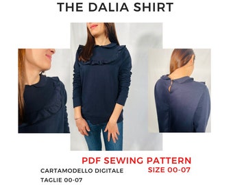 Sewing Digital Pattern - Sweatshirt with collar and ruffles // Cartamodello PDF maglia con colletto e carrè arricciato #thedaliashirt