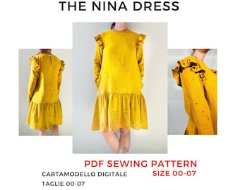 Sewing Digital Pattern - Long sleeve dress with ruffles // Cartamodello PDF Abito manica lunga con alette #THENINADRESS