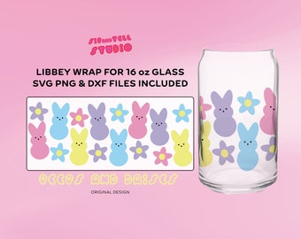 Wielkanocne Peeps z projektem Daises | Libbey Glass Cute Snack Design | SVG PNG | Modny plik Cricut Cut do puszki piwa ze szkła