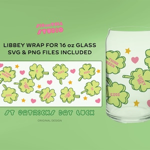May include: A St. Patrick's Day-themed design featuring a Libbey wrap for a 16 oz glass. The design includes shamrocks, hearts, and stars, with text that says "Think Green", "Lucky Me", "2023", and "XOXO". The design is available in SVG and PNG files.