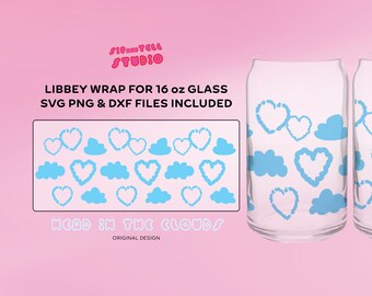 Projekt chmur i serc | Projekt Libbey Glass Head in the Clouds | SVG PNG | Modny plik do cięcia ilustracji Libbey Cricut