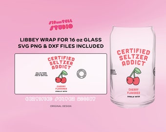 Certyfikowany projekt Seltzer Addict dla puszki piwa w szkle | Cherry | Projekt napoju tonikowego Libbey Glass | SVG PNG | Modna ilustracja Libbey Cricut