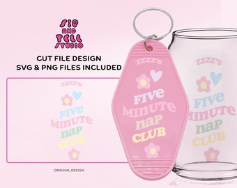 Projekt breloka motelu (ubrania, kubki itp.) | Cytat „5 Min Nap Club” | SVG PNG | Modny plik do cięcia ilustracji dla Cricut i Silhouette