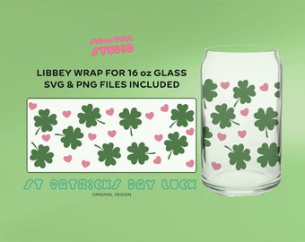 Projekt Serc i Czterolistnych Koniczynek na Dzień Świętego Patryka | Projekt Libbey Glass Lucky You | SVG PNG | Modny plik Cricut Cut do puszki piwa ze szkła