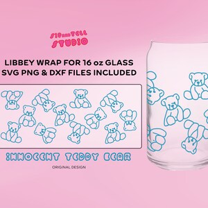 May include: A digital design for a 16 ounce glass featuring a pattern of blue teddy bears. The design is labeled "Innocent Teddy Bear" and includes SVG, PNG, and DXF files.