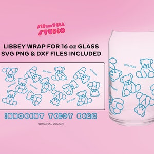 May include: A clear glass can-shaped Libbey wrap for a 16 oz glass, featuring a repeating pattern of blue teddy bears with the text "BOY MOM". The design includes SVG, PNG, and DXF files. The text "INNOCENT TEDDY BEAR" is also present.