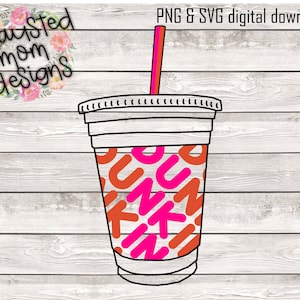 May include: A black and white line drawing of a Dunkin' Donuts iced coffee cup with a pink and orange Dunkin' Donuts logo pattern. The cup has a straw.