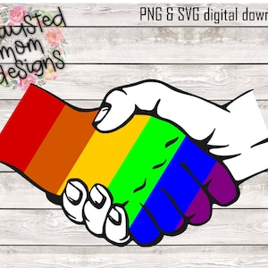 Op de afbeelding: Twee handen schudden elkaar, de ene hand is geschilderd in de kleuren van de regenboogvlag, de andere hand is wit.