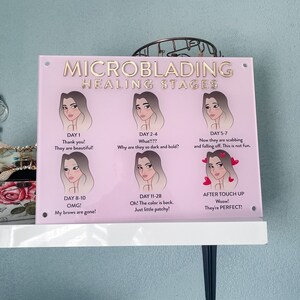 Può includere: Un grafico rosa e bianco con illustrazioni del viso di una donna in diverse fasi di guarigione dopo il microblading. Il grafico mostra il processo di guarigione dal giorno 1 al dopo il ritocco. Il testo sul grafico dice: "Microblading Healing Stages", "Giorno 1: Grazie! Sono bellissime!" , "Giorno 2-4: Cosa?!? Perché sono così scure e audaci?", "Giorno 5-7: Ora stanno formando croste e stanno cadendo. Non è divertente.", "Giorno 8-10: OMG! Le mie sopracciglia sono sparite!", "Giorno 11-28: Oh! Il colore è tornato. Solo un po' irregolare!", "Dopo il ritocco: Wow! Sono PERFETTE!"