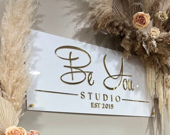 Gold Custom Sign on White Background for the Wall, Mounting Material INCLUDED , Adjustable Rectangle Business Salon Sign