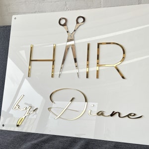 Hair Salon Custom Sign for the wall. White background with Golden mirror and Silver mirror lettering  . All Mounting Material Included