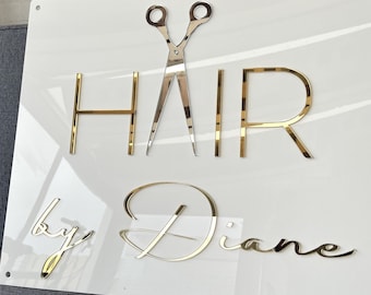 Custom Hair Salon Schild, Spiegel-Acryl-Buchstaben in Gold und Silber