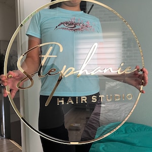 Personalized Transparent Acrylic Business sign with Golden Lettering and Golden Edges , Custom Round Sign for the Wall