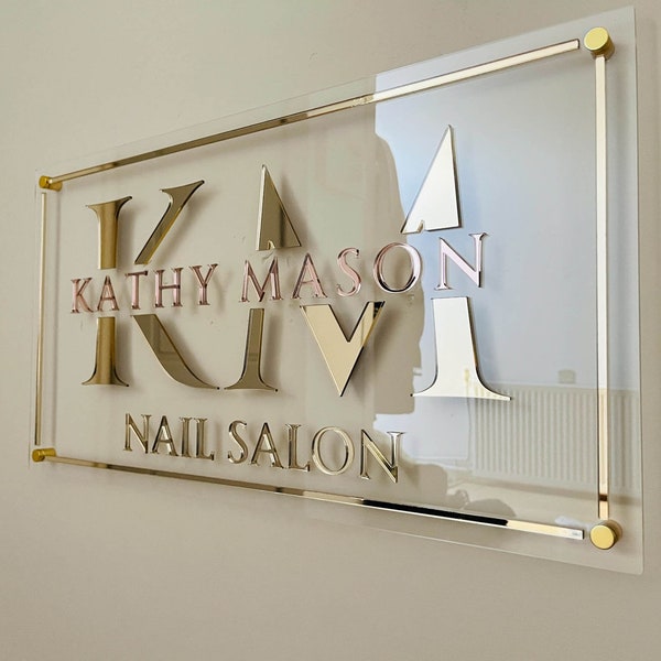 Transparent Acrylic Sign with Rose Gold and Golden Letters and Gold Lines, Custom made rectangle  salon decor sign for the wall