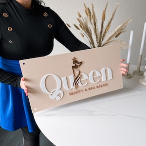 Personalized Beige Acrylic Sign with White and Rose Gold Letters, Salon Sign