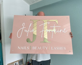 Custom sign for wall with Rose Quartz Pink Background , White and Gold Lettering, Personalized Name Acrylic Sign for Salon