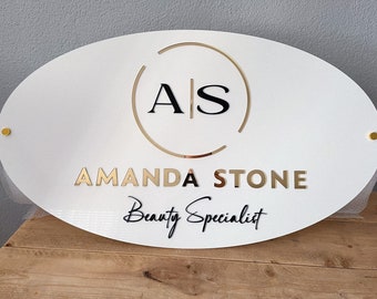 Gold and White Custom Oval Sign for the wall with all Mounting Material (Gold Stand Offs) INCLUDED , Personalized business sign for Salon