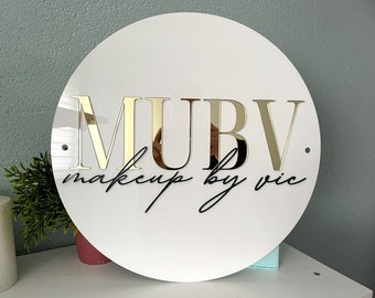 Personalized Round Acrylic Business Sign with white background and golden letters, All mounting material included