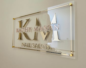 Transparent Acrylic Sign with Rose Gold and Golden Letters and Gold Lines, Custom made rectangle  salon decor sign for the wall