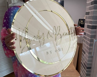 Custom Round Acrylic Business Sign with Golden Edges and Golden Lettering, Custom Name Sign, Salon Decor