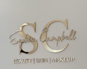 Custom Name Sign – Mirror & Brushed Finish Wall Logo for Beauty, Makeup and Skincare Studios