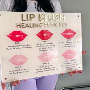 Lip Blush Healing Process Stages Sign for the wall, Step by Step guide, Beige background with Golden Letters, All mounting material Included