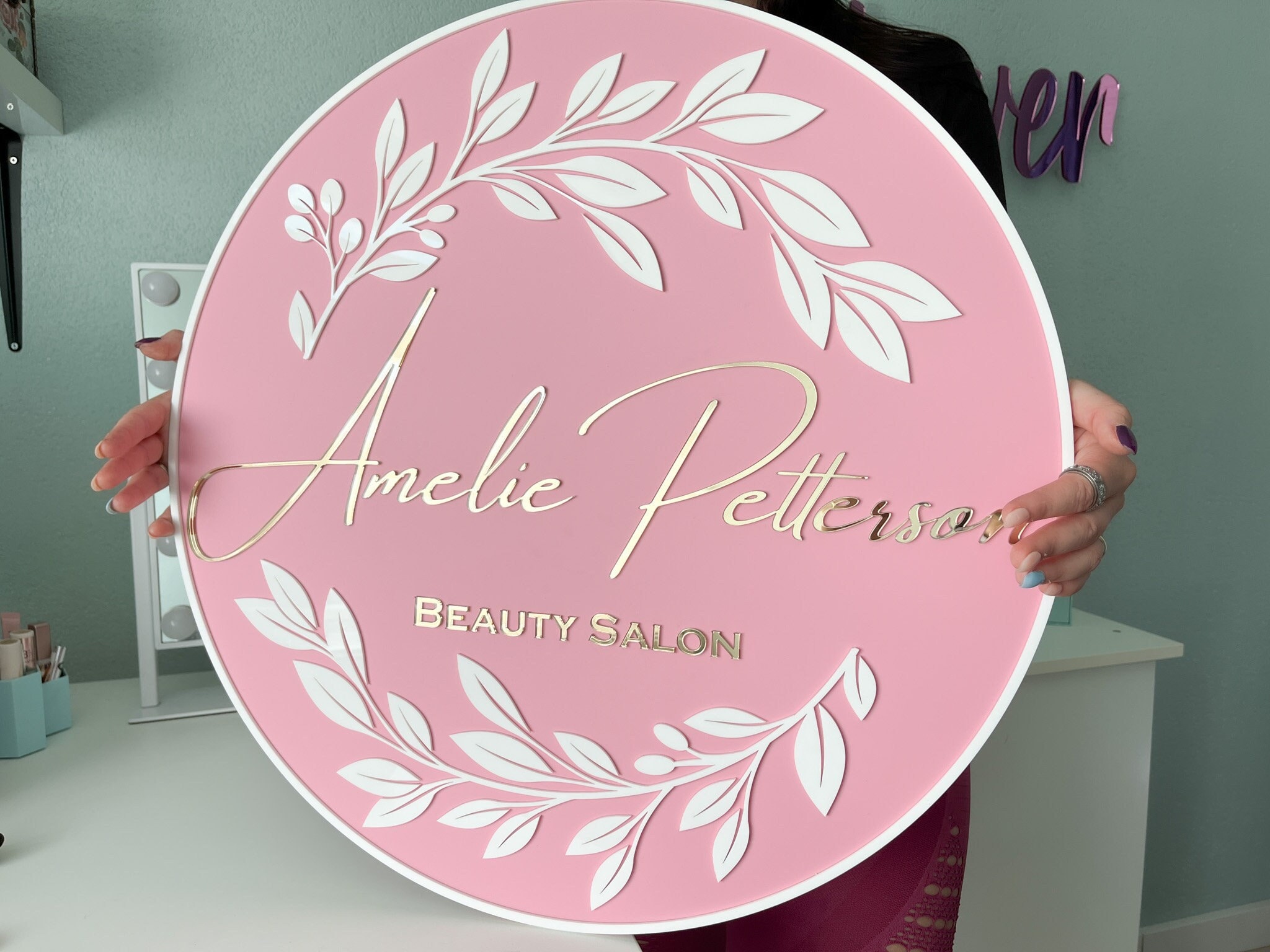 Custom Pink Acrylic Business Sign, Gold Lettering, Wall Decor - Etsy