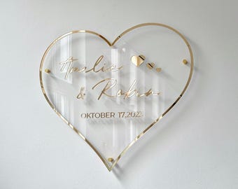 Hochzeit klares Herz Schild mit goldenem Rand - Hochzeits- oder Jahrestagsgeschenk, individuelles Paar Namensschild