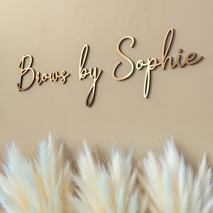 May include: Gold-coloured cursive text reading "Brows by Sophie" is mounted on a beige wall. The bottom of the image features fluffy, cream-coloured decorative grass.