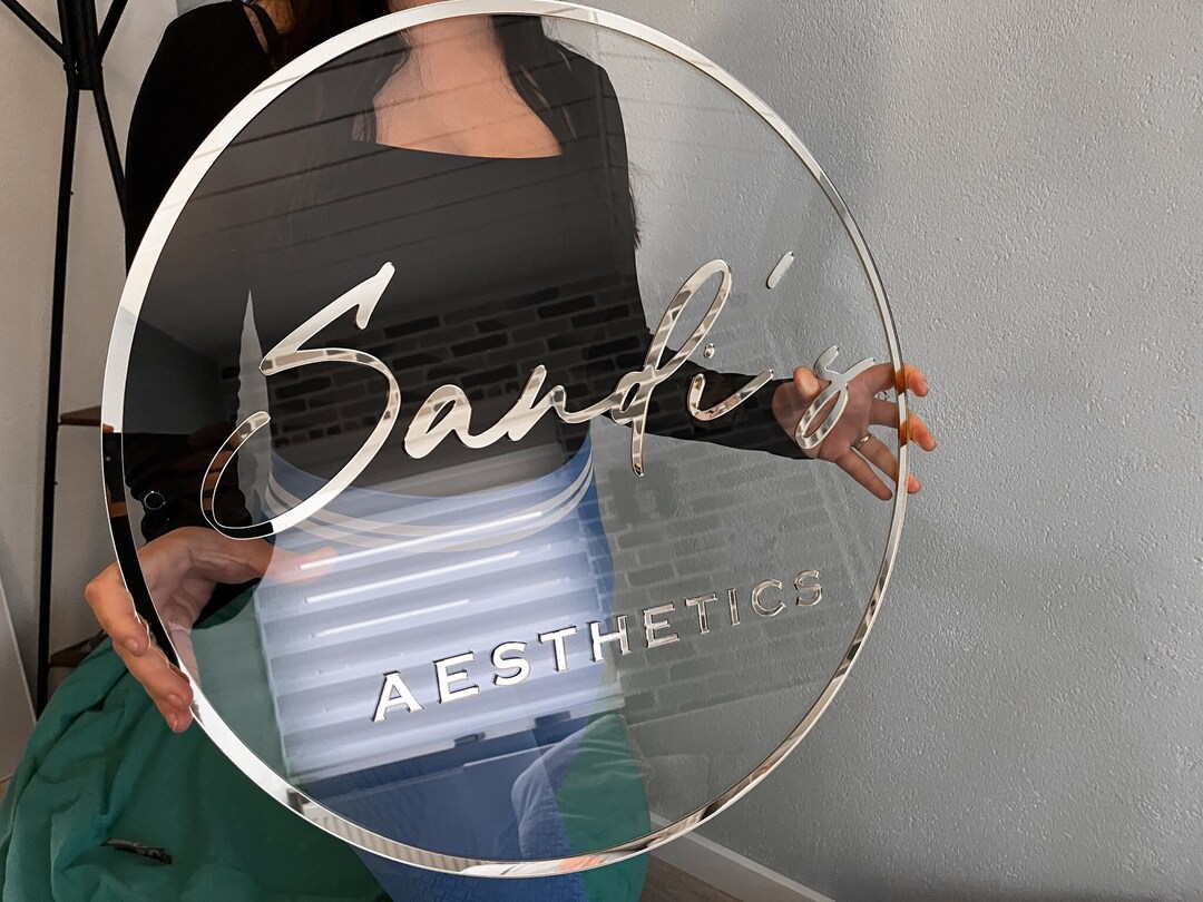Custom Add Silver Sign Personalized Acrylic Business Sign, Silver Mirror Lettering, Round Wall ...