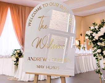 Elegantes weißes Hochzeits-Schild mit goldener Schrift - personalisiertes Willkommensschild aus Acrylglas - modernes Hochzeitsdekor - 4 Hintergrundfarben