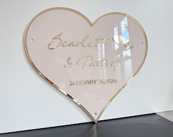 Custom Beige Heart Sign with Golden Border – Wedding Gift, Anniversary Keepsake, Custom Couple Name Sign