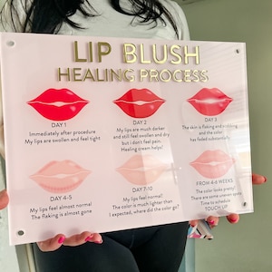 Lip Blush Healing Process Stages Sign for the wall, Step by Step guide, Pink background with Golden Letters, All mounting material Included