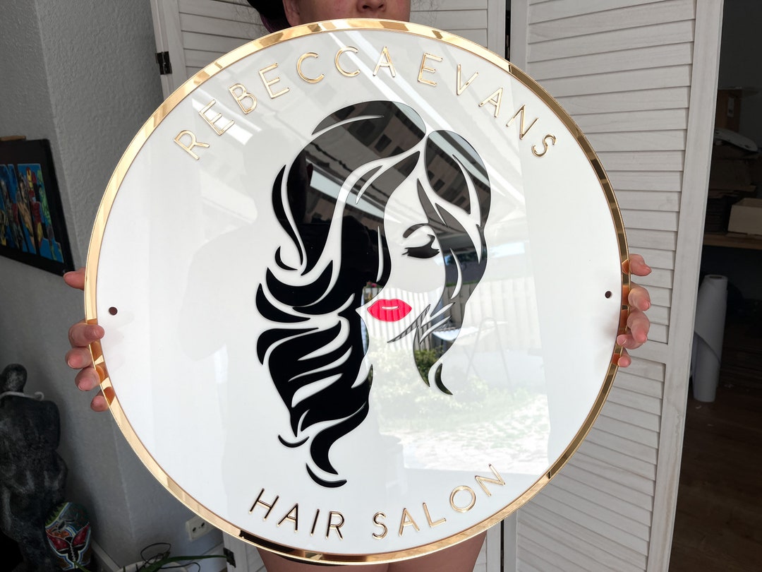 Personalized Round Hair Salon Acrylic Business Sign With Golden Edges ...