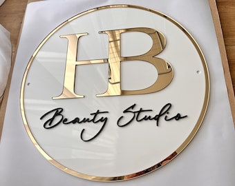 Custom Acrylic Round Logo Sign, Gold and Black Lettering