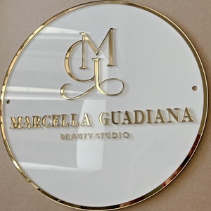 Custom Salon Sign for wall with white background and golden lettering, All mounting material included