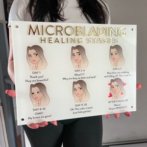 Skylt med microblading-läkningsstadier, guldfärgade akrylbokstäver, väggdekoration för salong