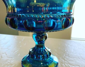 Schillernde blaue Karnevals-Kompott-Bonbonschale aus Indiana Glass