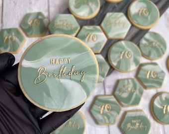 Set of 10 Marbled Birthday Biscuits Cookies with Personalised Age