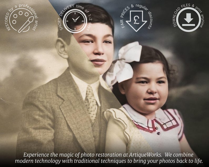 Before-and-after comparison of a restored vintage photo, showing handcrafted color improvement and detail repair. Master-Level Photo Restoration Service! Vintage Photo Editing, Restore Old Pictures, Remove Blur, Photo Repair, Fix Damage, Improve Quality