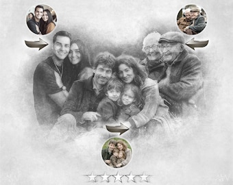 Custom Family Portrait, Combine Multiple Photos Into One Pencil Sketch, Personalized Digital Art, Unique Family & Friends Artwork Design