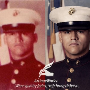 A restored vintage photo showing a dramatic before and after transformation, with colour balance and fine details rebuilt by hand to highlight the craftsmanship at ArtiqueWorks. Expert Photoshop Services, Photo Edit Service, Photo Retouching, Photo Restoration, Add Person to Photo, Remove Person from Photo, Retouch.