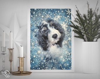 Ilustración de mascota impresa personalizada, impresión de bellas artes de alta calidad, retrato de perro personalizado, regalo de invierno de Navidad, estilo de acuarela y boceto