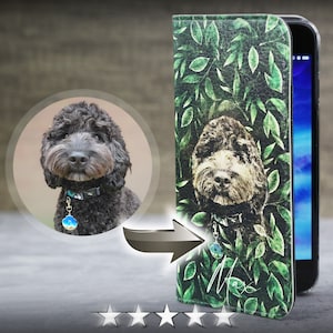 Funda de billetera personalizada, ilustración personalizada de mascotas, vegano, Apple iPhone y Samsung Galaxy, diseño ecológico, arte de retrato de mascotas, idea de regalo para perros