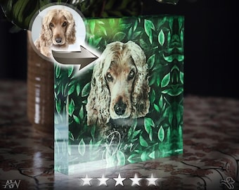 The LuvPet Block, Frameless Acrylic Prism, Personalised Pet Illustration from your Photo, Gift Idea, Pet Portrait, Freestanding Art  6x6”