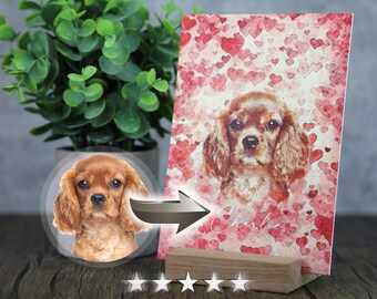 Hand Drawn Custom Pet Portrait, Gallery Board Print with Hand Made Oak Wood Stand, Watercolor & Sketch Style, Dog Art, Pet Illustration Gift