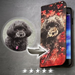 Capa carteira ilustrada para animais de estimação personalizada, vegana, capa de telefone, presente para amantes de cães, retrato de animal de estimação desenhado à mão, ilustração de cachorro, ideia de presente