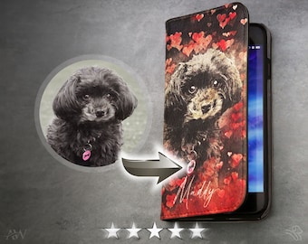 Custom Pet Illustrated Folio Wallet Case, Vegan, Phone Case, Gift For Dog Lover, Hand Drawn Pet Portrait, Dog Illustration, Gift Idea