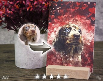 Custom Pet Portrait Print, Quality Gallery Board, Oak Stand, Hand Drawn Sketch & Watercolour Design, Dog Illustration, Gift Idea
